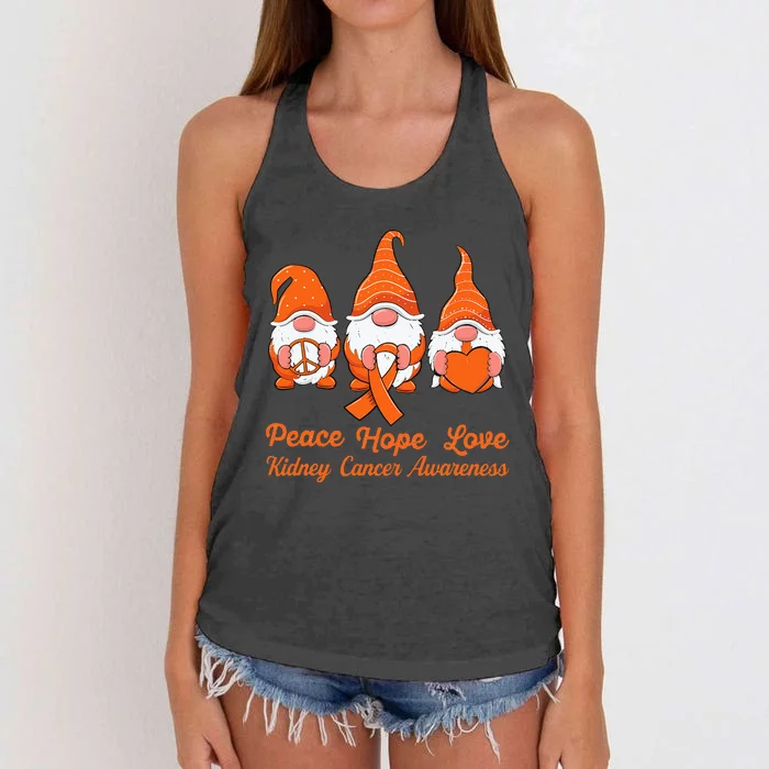 Cute Gnomes Support Orange Ribbon Kidney Cancer Awareness Women's Knotted Racerback Tank