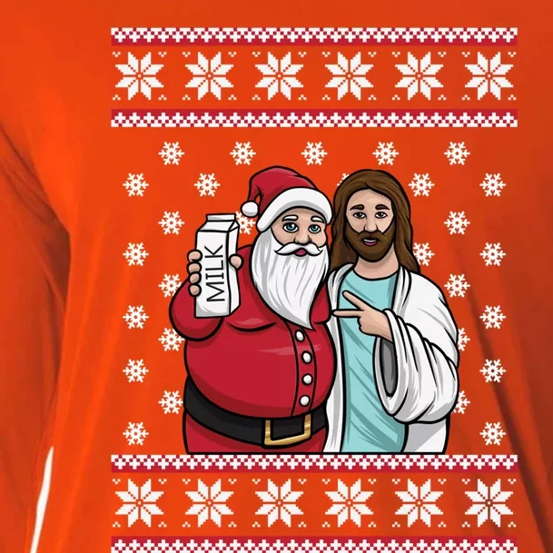 Christmas Graphic Santa And Jesus Jingle Bros Milk Food Ugly Gift Cooling Performance Long Sleeve Crew