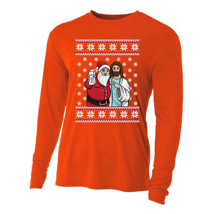 Christmas Graphic Santa And Jesus Jingle Bros Milk Food Ugly Gift Cooling Performance Long Sleeve Crew