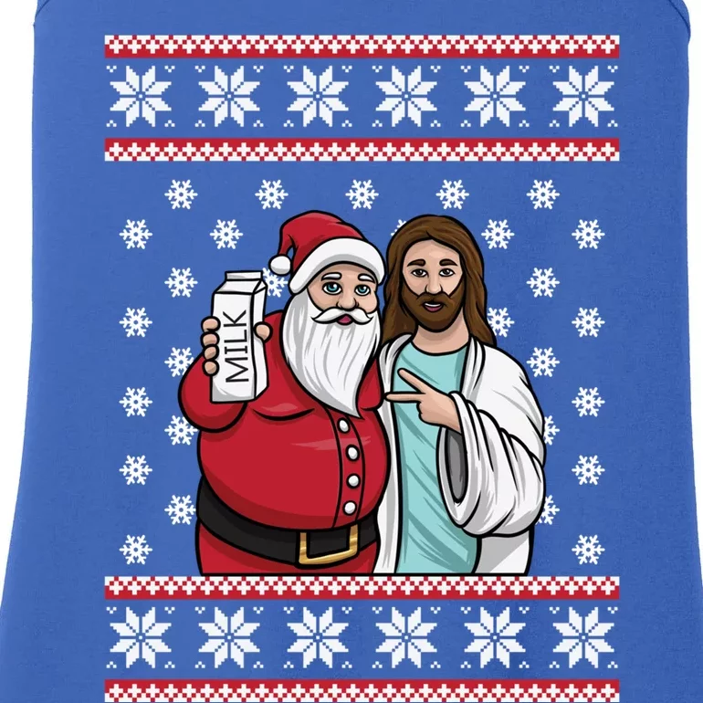 Christmas Graphic Santa And Jesus Jingle Bros Milk Food Ugly Gift Ladies Essential Tank