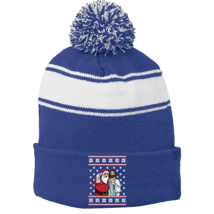 Christmas Graphic Santa And Jesus Jingle Bros Milk Food Ugly Gift Stripe Pom Pom Beanie