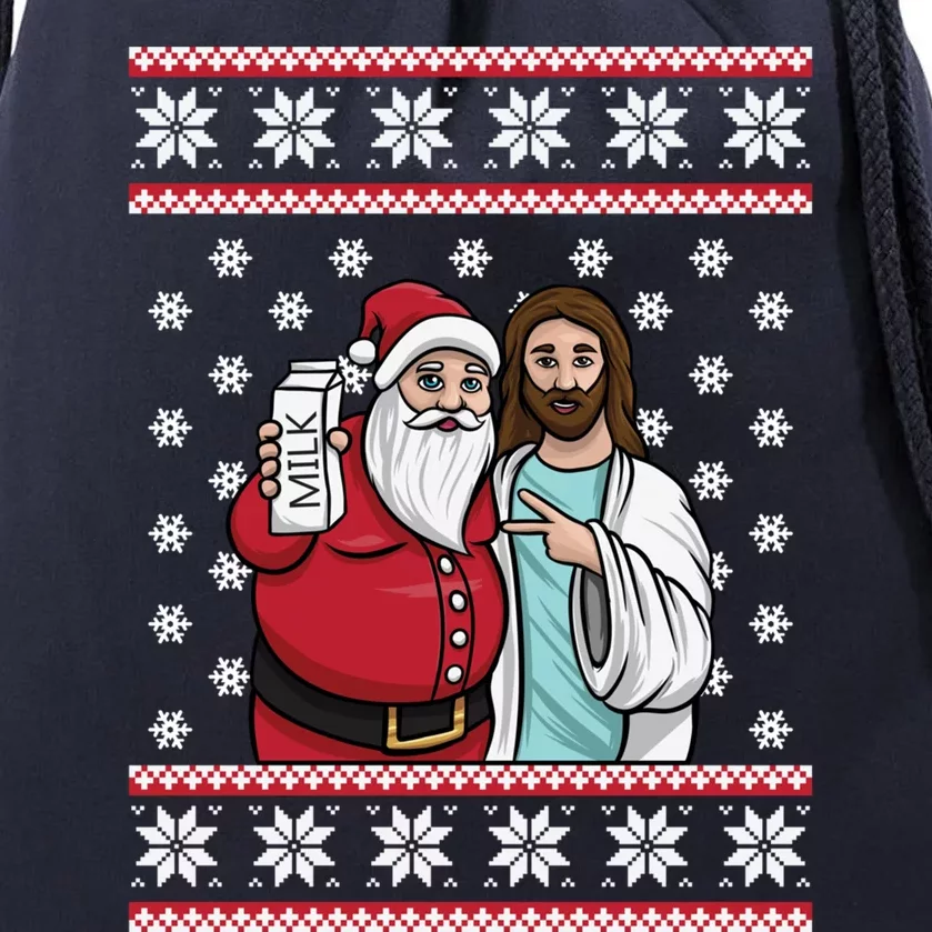 Christmas Graphic Santa And Jesus Jingle Bros Milk Food Ugly Gift Drawstring Bag