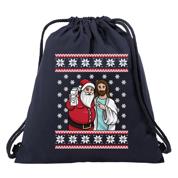 Christmas Graphic Santa And Jesus Jingle Bros Milk Food Ugly Gift Drawstring Bag