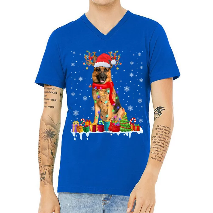 Cute Ger Shepherd Dog Christmas Lights Xmas Santa Hat Gift V-Neck T-Shirt