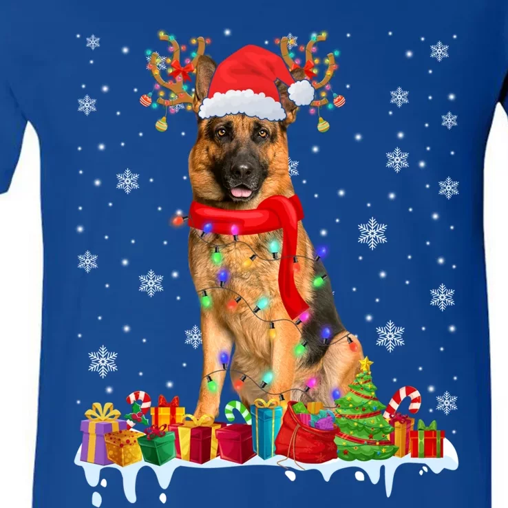 Cute Ger Shepherd Dog Christmas Lights Xmas Santa Hat Gift V-Neck T-Shirt