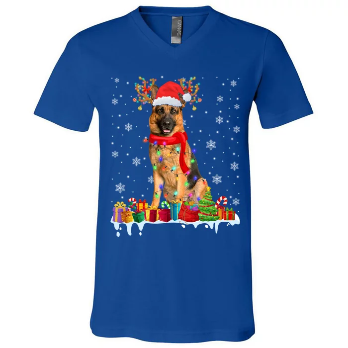 Cute Ger Shepherd Dog Christmas Lights Xmas Santa Hat Gift V-Neck T-Shirt