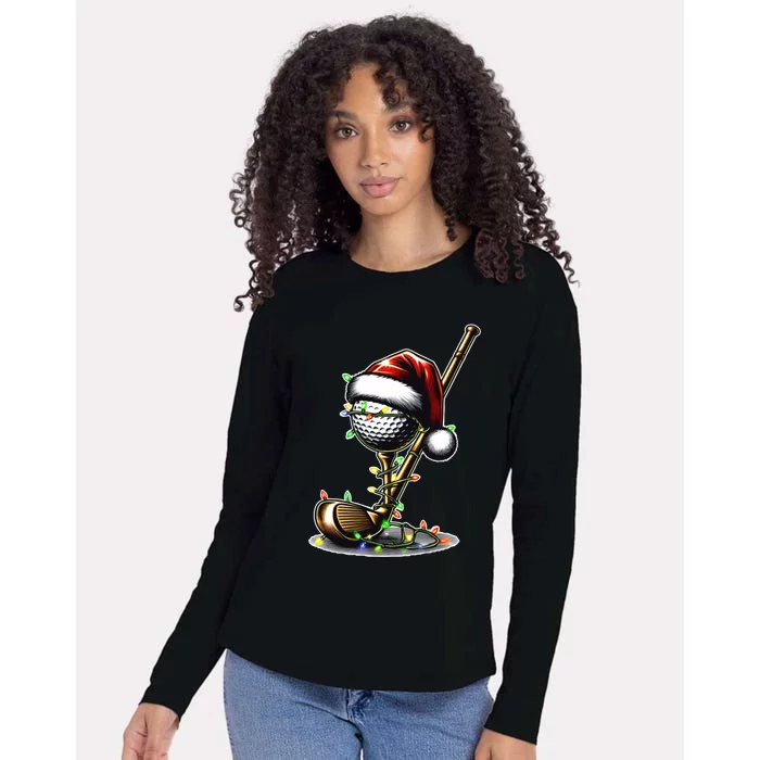 Christmas Golf Santa Hat Lights Graphic Golf Player Costume Funny Gift Womens Cotton Relaxed Long Sleeve T-Shirt