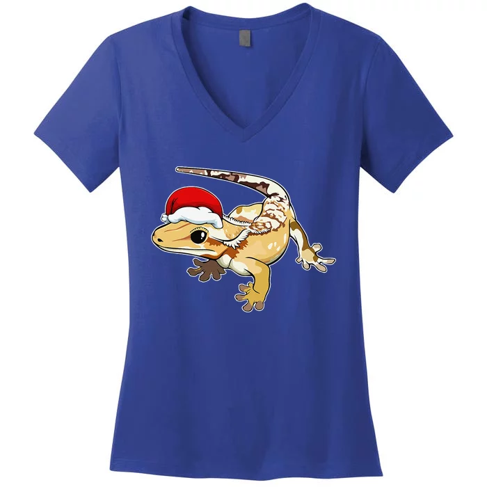 Crested Gecko Santa Hat Christmas Pajama Lizard Reptile Xmas Women's V-Neck T-Shirt