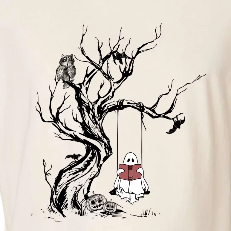 Cute Ghost Swinging Reading Book Halloween Boo Ghost Costume Funny Gift Garment-Dyed Women's Muscle Tee