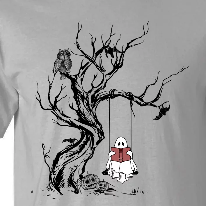 Cute Ghost Swinging Reading Book Halloween Boo Ghost Costume Funny Gift Tall T-Shirt