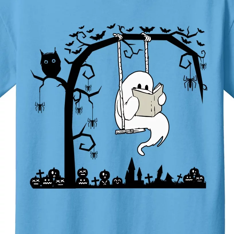 Cute Ghost Swinging Reading Book Halloween Ghost Reading Meaningful Gift Kids T-Shirt