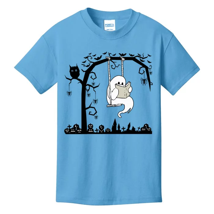 Cute Ghost Swinging Reading Book Halloween Ghost Reading Meaningful Gift Kids T-Shirt