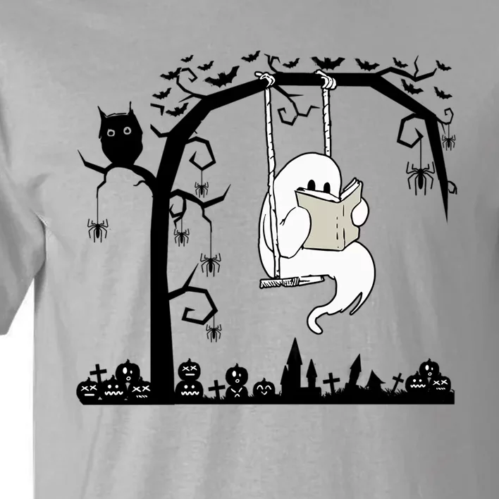 Cute Ghost Swinging Reading Book Halloween Ghost Reading Meaningful Gift Tall T-Shirt