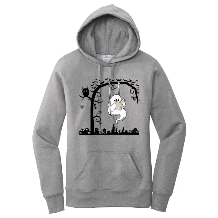 Cute Ghost Swinging Reading Book Halloween Ghost Reading Meaningful Gift Women's Pullover Hoodie