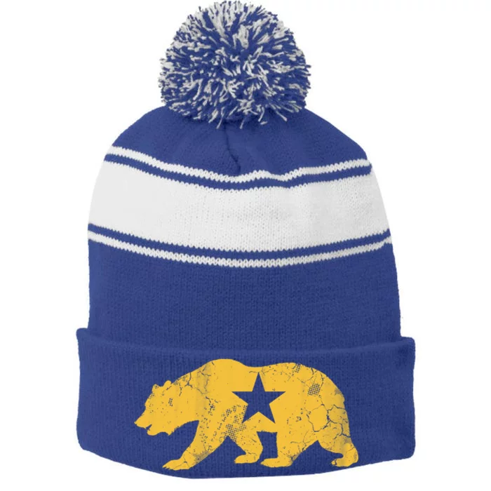 California Golden State Bear Vintage Distressed Graphic Gift Stripe Pom Pom Beanie