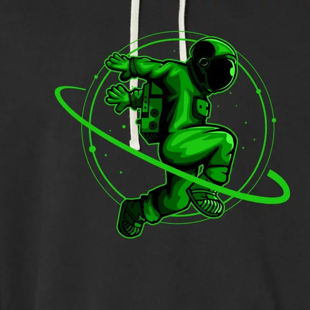 Cool Green Space Astronaut Jumping Retro Garment-Dyed Fleece Hoodie