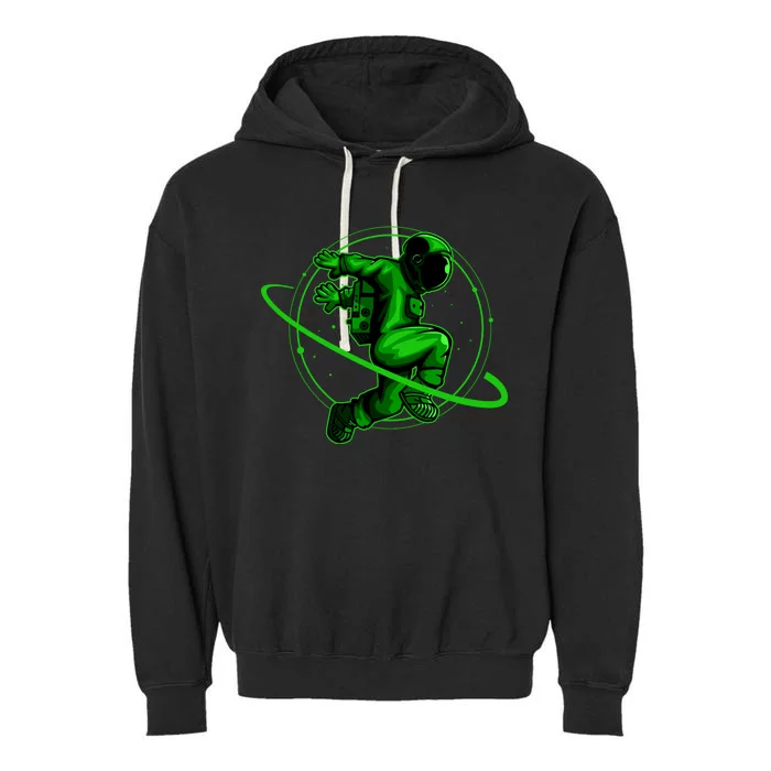 Cool Green Space Astronaut Jumping Retro Garment-Dyed Fleece Hoodie