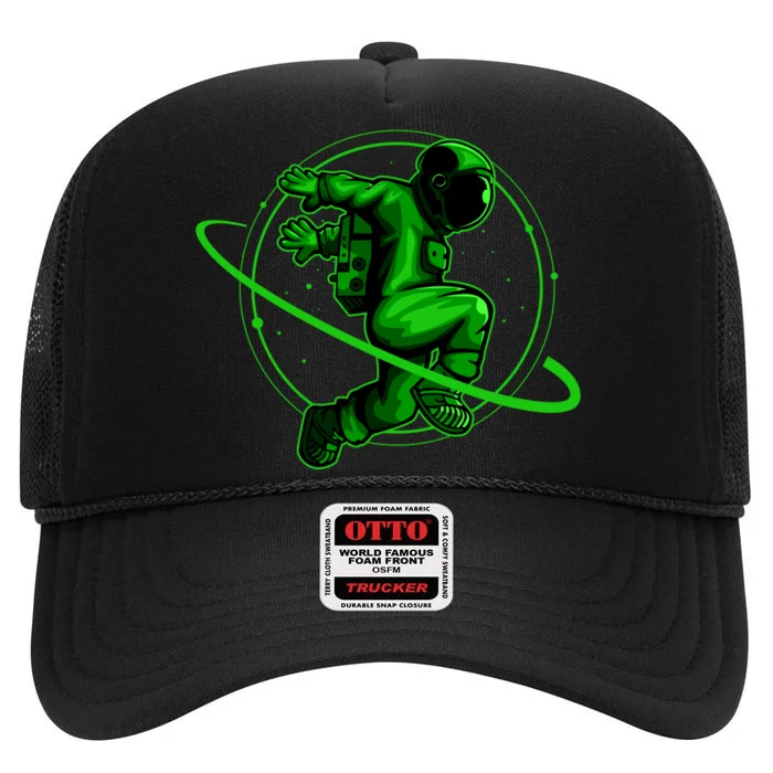 Cool Green Space Astronaut Jumping Retro High Crown Mesh Trucker Hat