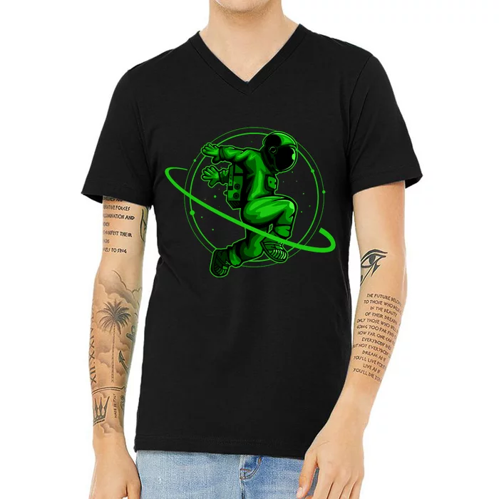 Cool Green Space Astronaut Jumping Retro V-Neck T-Shirt