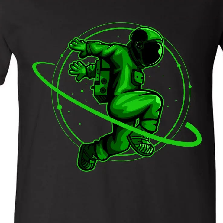 Cool Green Space Astronaut Jumping Retro V-Neck T-Shirt