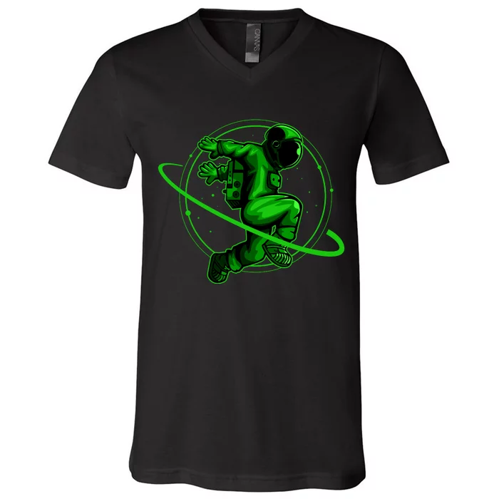 Cool Green Space Astronaut Jumping Retro V-Neck T-Shirt