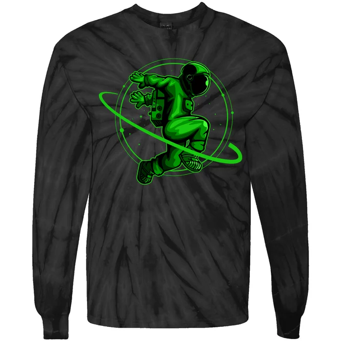 Cool Green Space Astronaut Jumping Retro Tie-Dye Long Sleeve Shirt