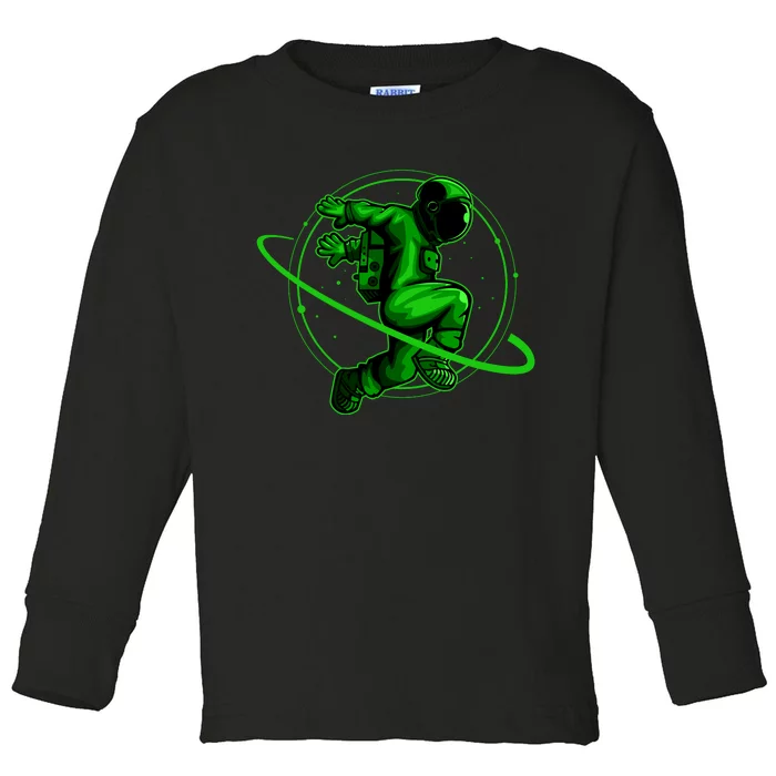 Cool Green Space Astronaut Jumping Retro Toddler Long Sleeve Shirt