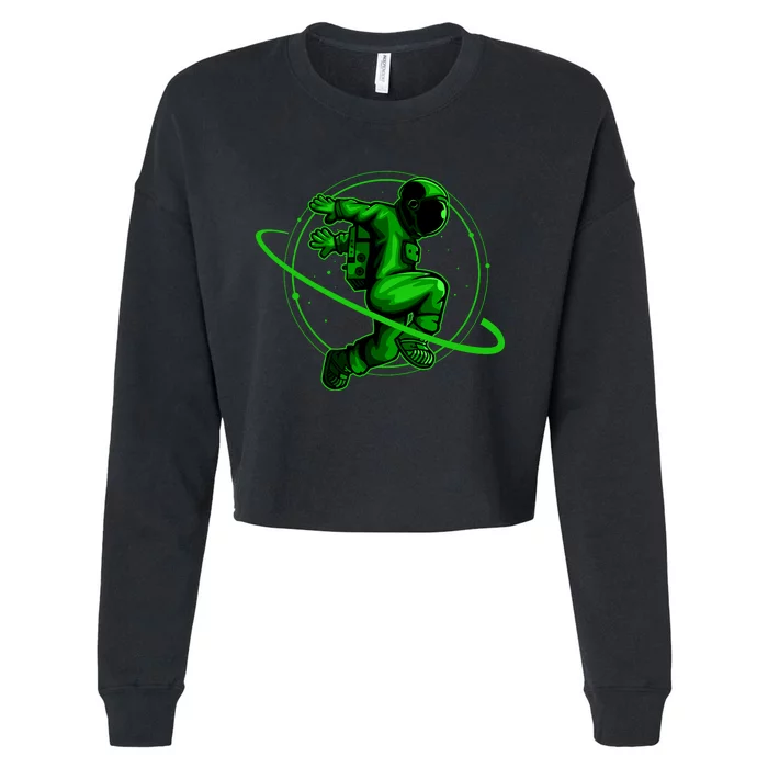 Cool Green Space Astronaut Jumping Retro Cropped Pullover Crew