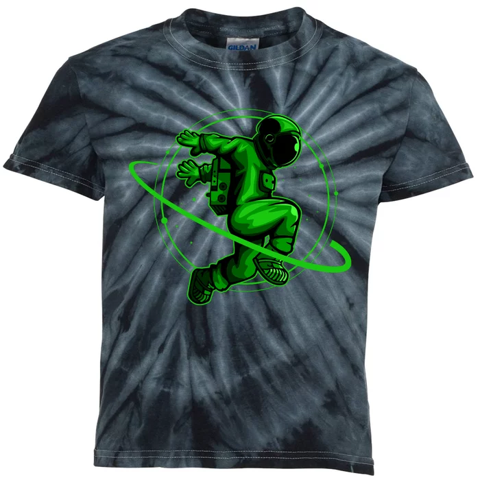 Cool Green Space Astronaut Jumping Retro Kids Tie-Dye T-Shirt