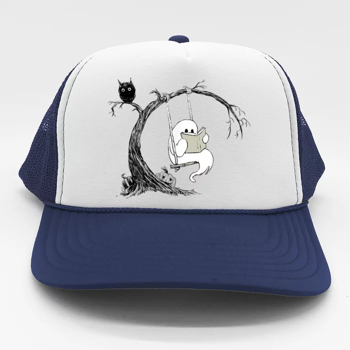 Cute Ghost Swinging Reading Book Halloween Ghost Costume Trucker Hat