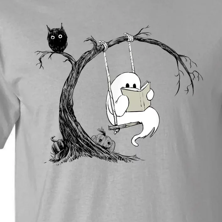 Cute Ghost Swinging Reading Book Halloween Ghost Costume Tall T-Shirt