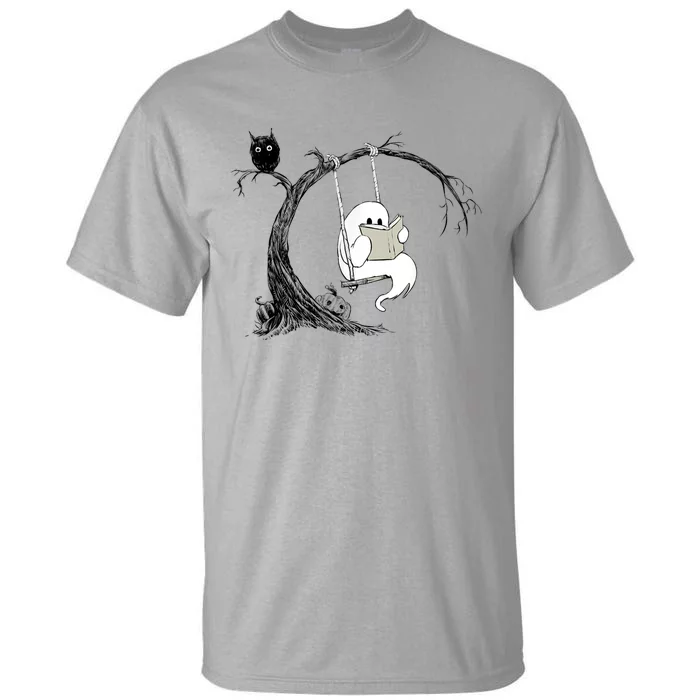 Cute Ghost Swinging Reading Book Halloween Ghost Costume Tall T-Shirt