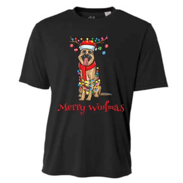 Christmas Ger Shepherd Dog Holiday Lights Merry Woofmas Gift Cooling Performance Crew T-Shirt