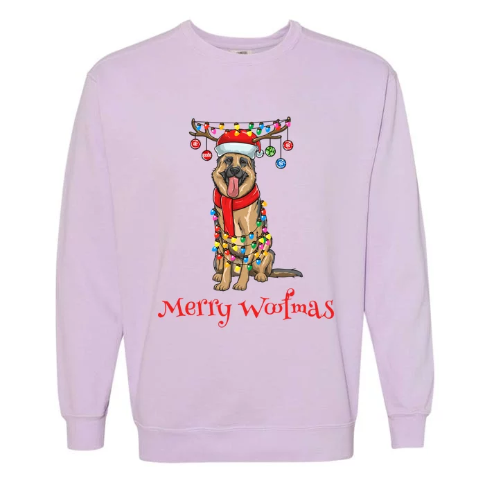 Christmas Ger Shepherd Dog Holiday Lights Merry Woofmas Gift Garment-Dyed Sweatshirt