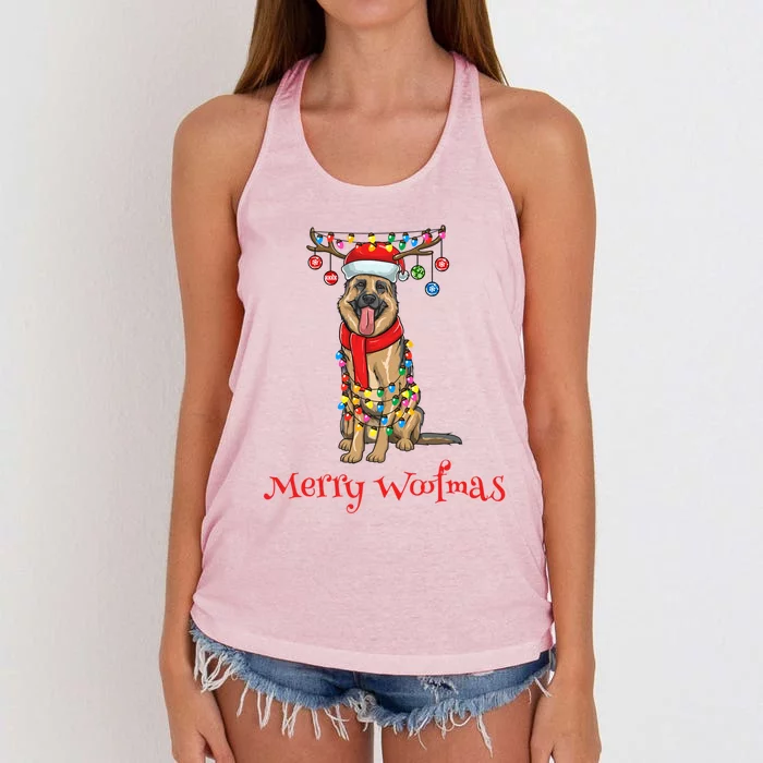 Christmas Ger Shepherd Dog Holiday Lights Merry Woofmas Gift Women's Knotted Racerback Tank