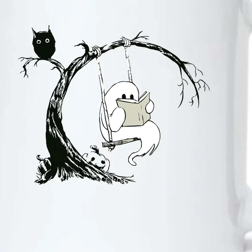 Cute Ghost Swinging Reading Book Halloween Ghost Costume Black Color Changing Mug