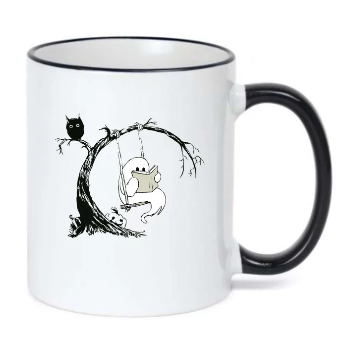 Cute Ghost Swinging Reading Book Halloween Ghost Costume Black Color Changing Mug