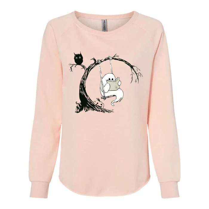 Cute Ghost Swinging Reading Book Halloween Ghost Costume Womens California Wash Sweatshirt