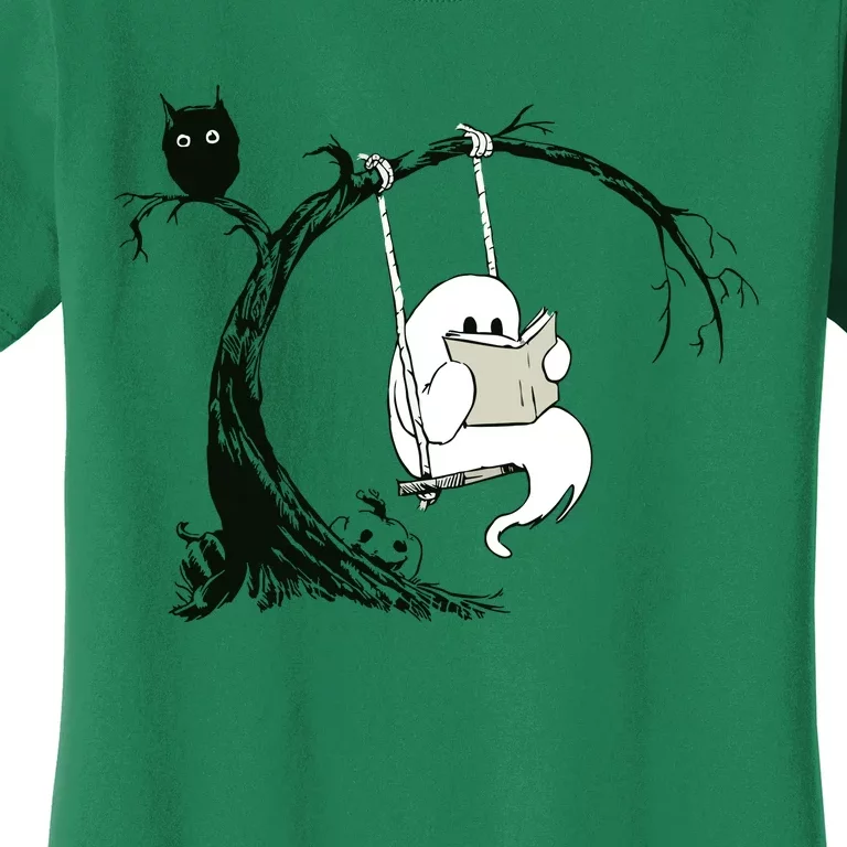 Cute Ghost Swinging Reading Book Halloween Ghost Costume Women's T-Shirt