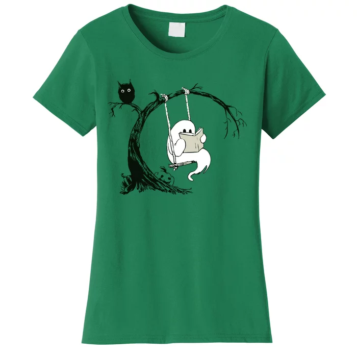 Cute Ghost Swinging Reading Book Halloween Ghost Costume Women's T-Shirt