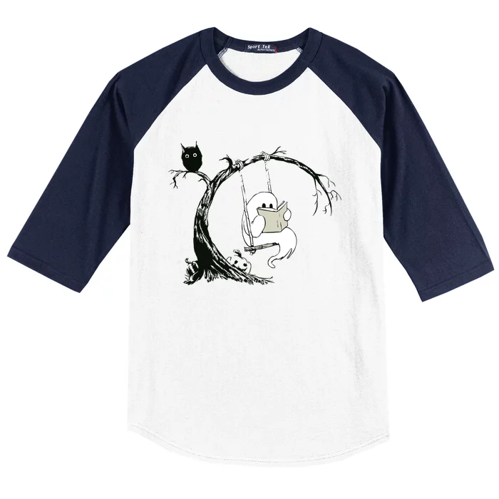 Cute Ghost Swinging Reading Book Halloween Ghost Costume Baseball Sleeve Shirt