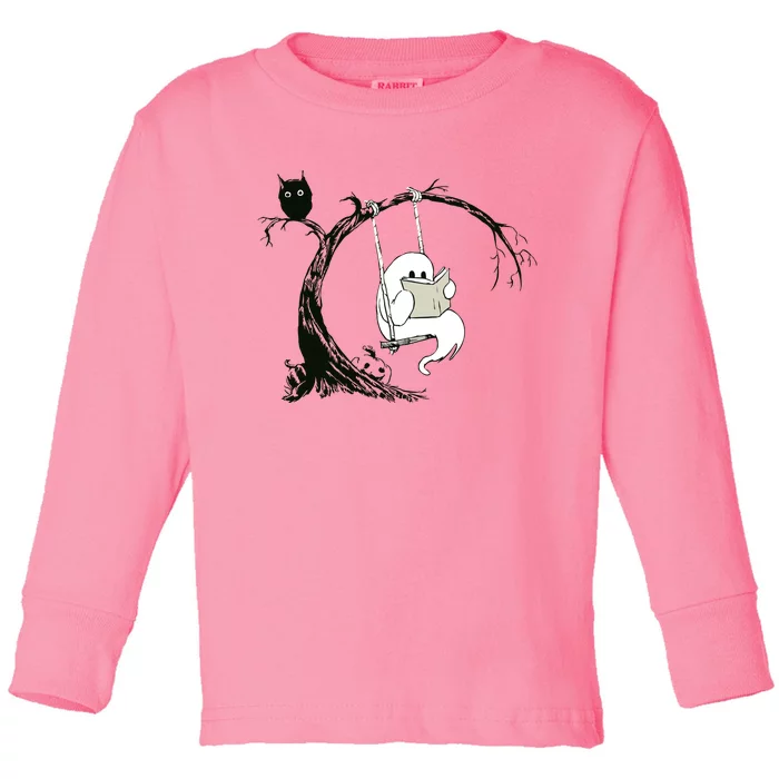 Cute Ghost Swinging Reading Book Halloween Ghost Costume Toddler Long Sleeve Shirt