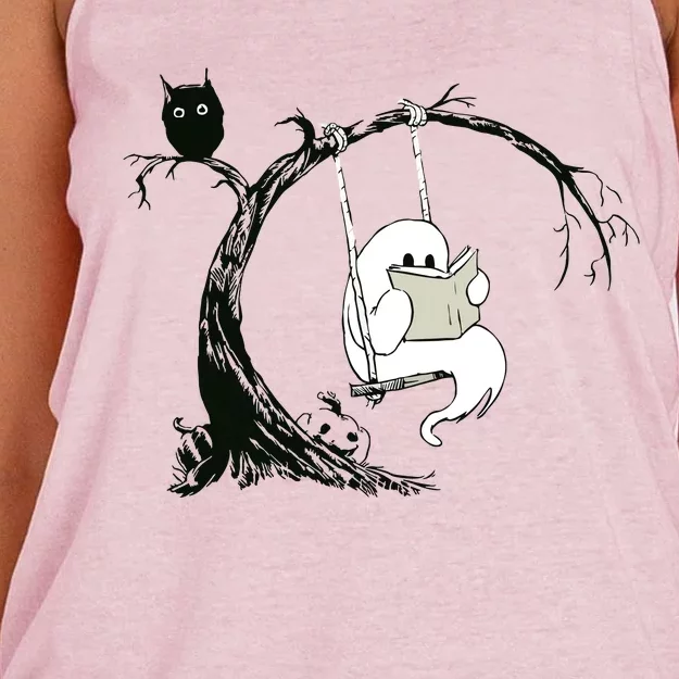 Cute Ghost Swinging Reading Book Halloween Ghost Costume Women's Knotted Racerback Tank