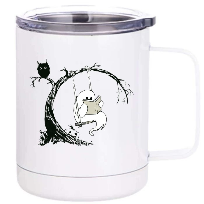 Cute Ghost Swinging Reading Book Halloween Ghost Costume Front & Back 12oz Stainless Steel Tumbler Cup