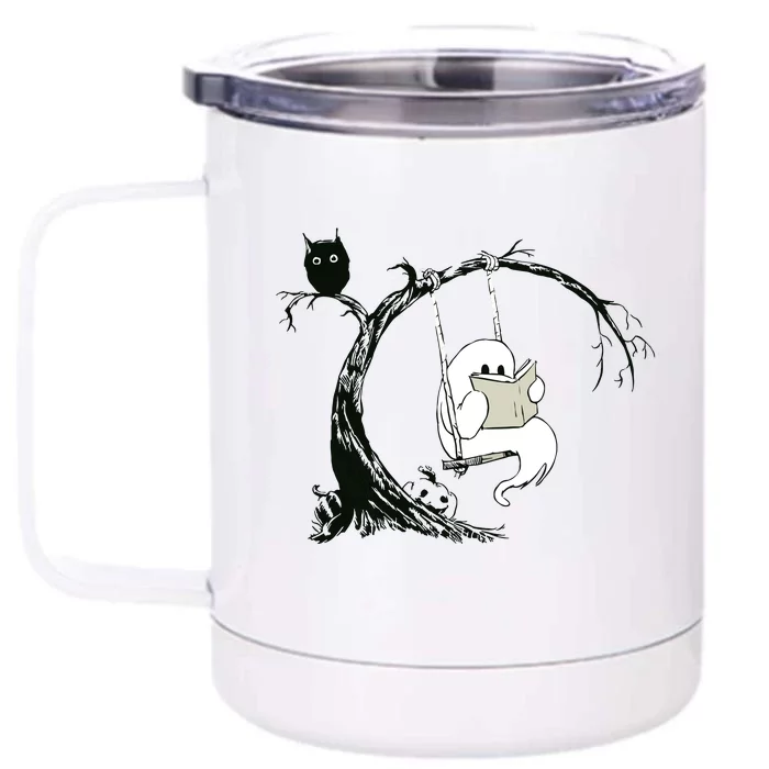 Cute Ghost Swinging Reading Book Halloween Ghost Costume Front & Back 12oz Stainless Steel Tumbler Cup