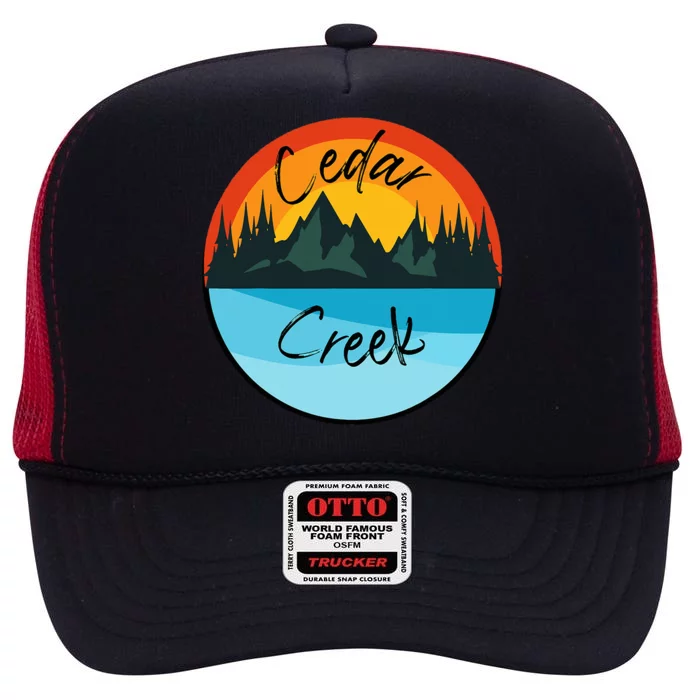 Camping Graphic Tee. Cedar Creek Graphic Tee. High Crown Mesh Trucker Hat