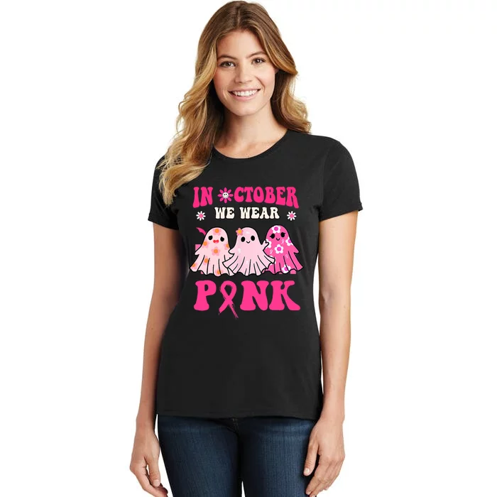 Cute Ghost Wednesday We Wear Pink Halloween Breast Cancer Women's T-Shirt