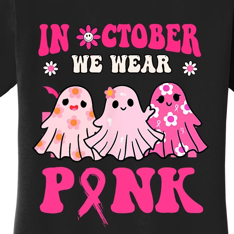 Cute Ghost Wednesday We Wear Pink Halloween Breast Cancer Women's T-Shirt