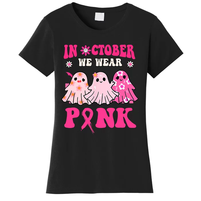 Cute Ghost Wednesday We Wear Pink Halloween Breast Cancer Women's T-Shirt