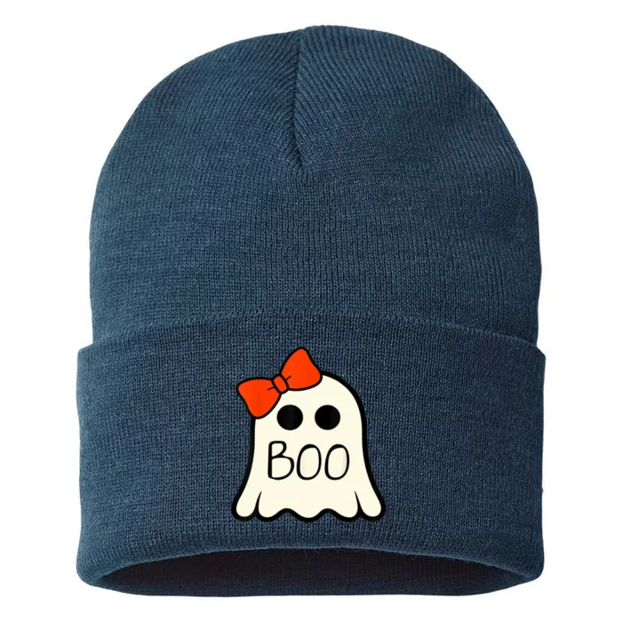 Cute Ghost With Bow Boo Halloween For Girls Sustainable Knit Beanie